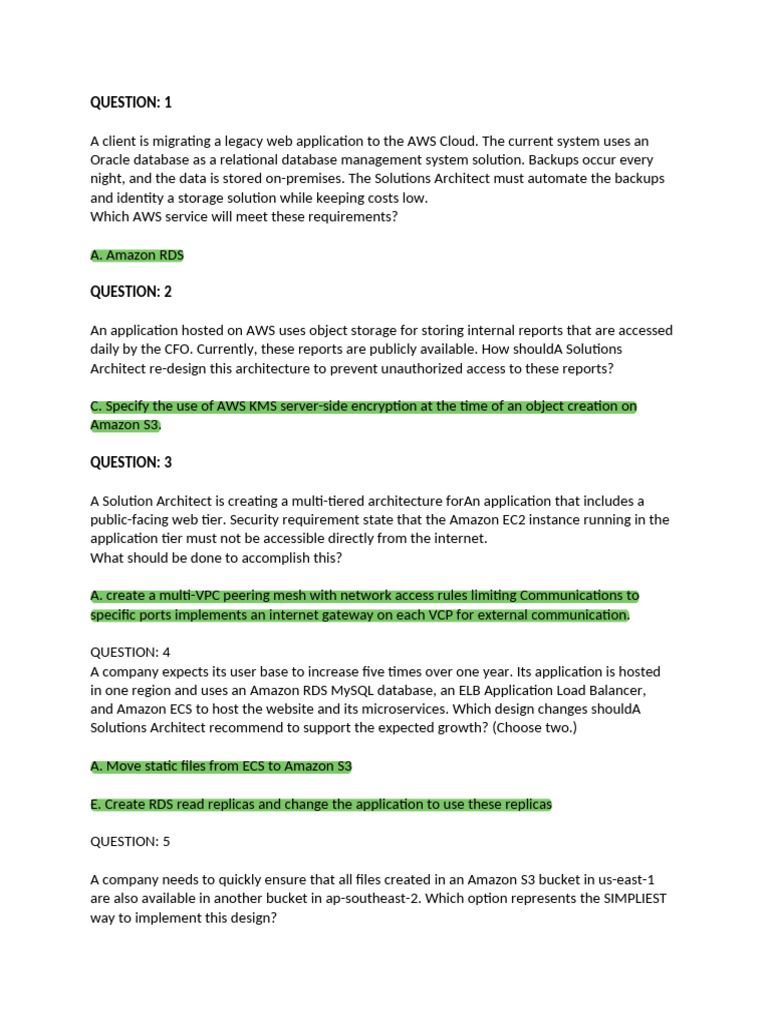 AWS Solutions Architect Associate 65 Questions 3-15-20 | PDF | Amazon ...