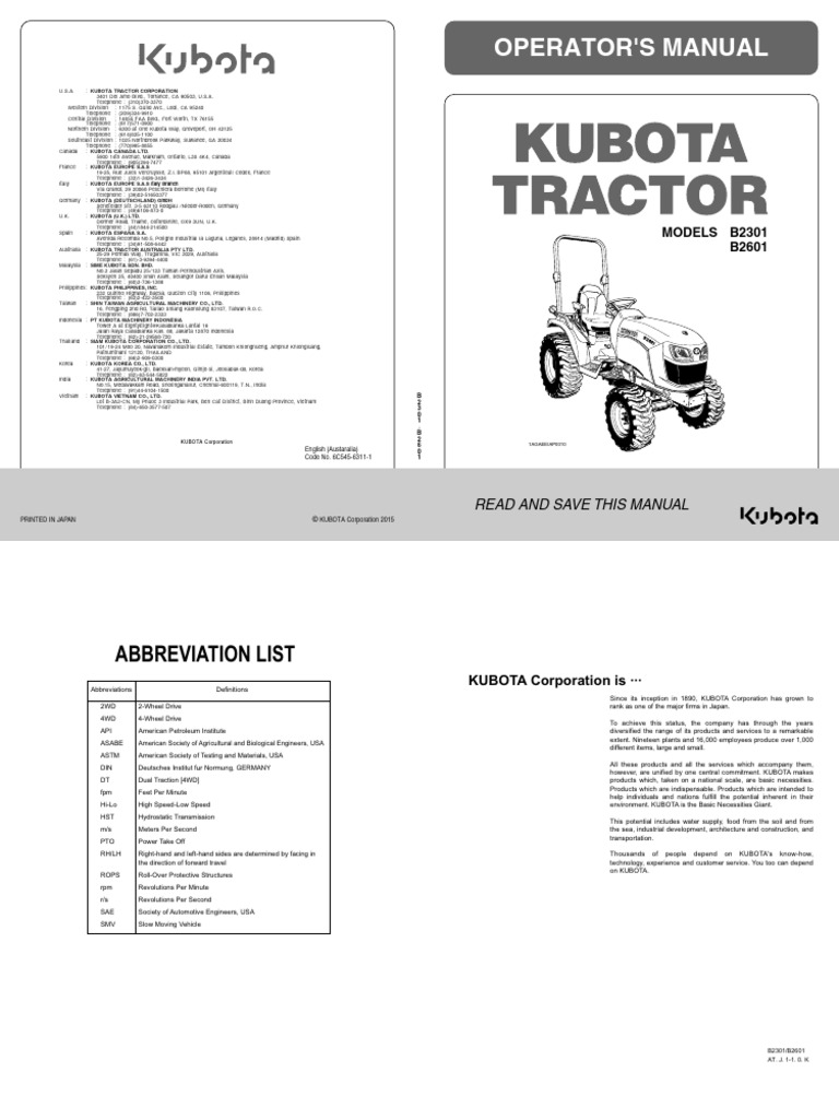 Kubota B2301/B2601 Operator Manual | PDF | Tractor | Vehicles