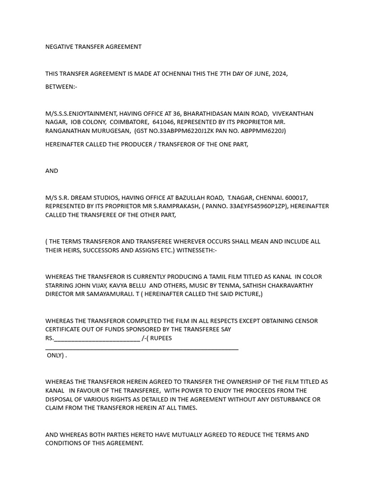 Negative Transfer Agreement for Kanal Film | PDF | Information And ...