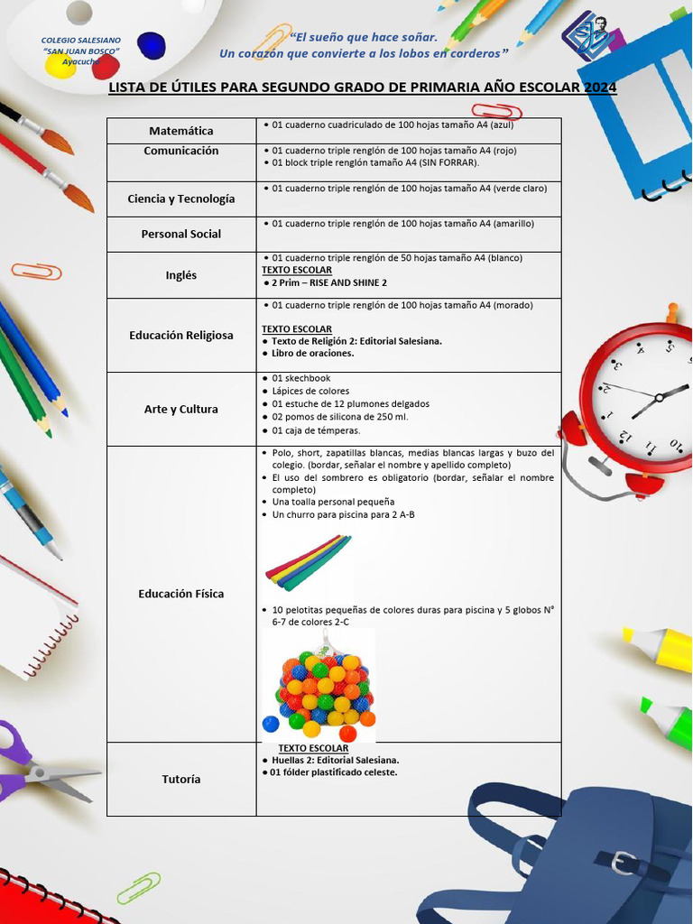 Útiles Escolares Segundo Grado 2024 | PDF | Lápiz | Trabajo de oficina