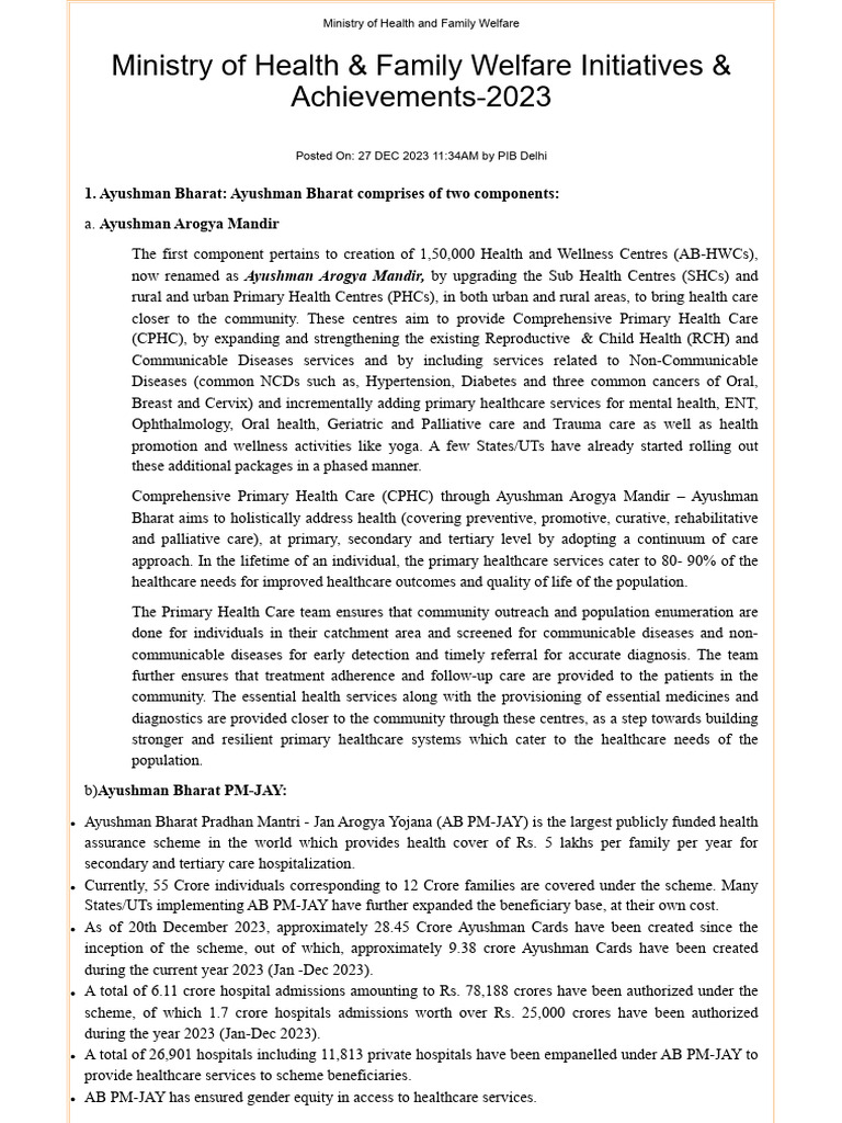 Health Initiatives by MoHFW - 2023 | PDF | Health Care | Clinical Medicine