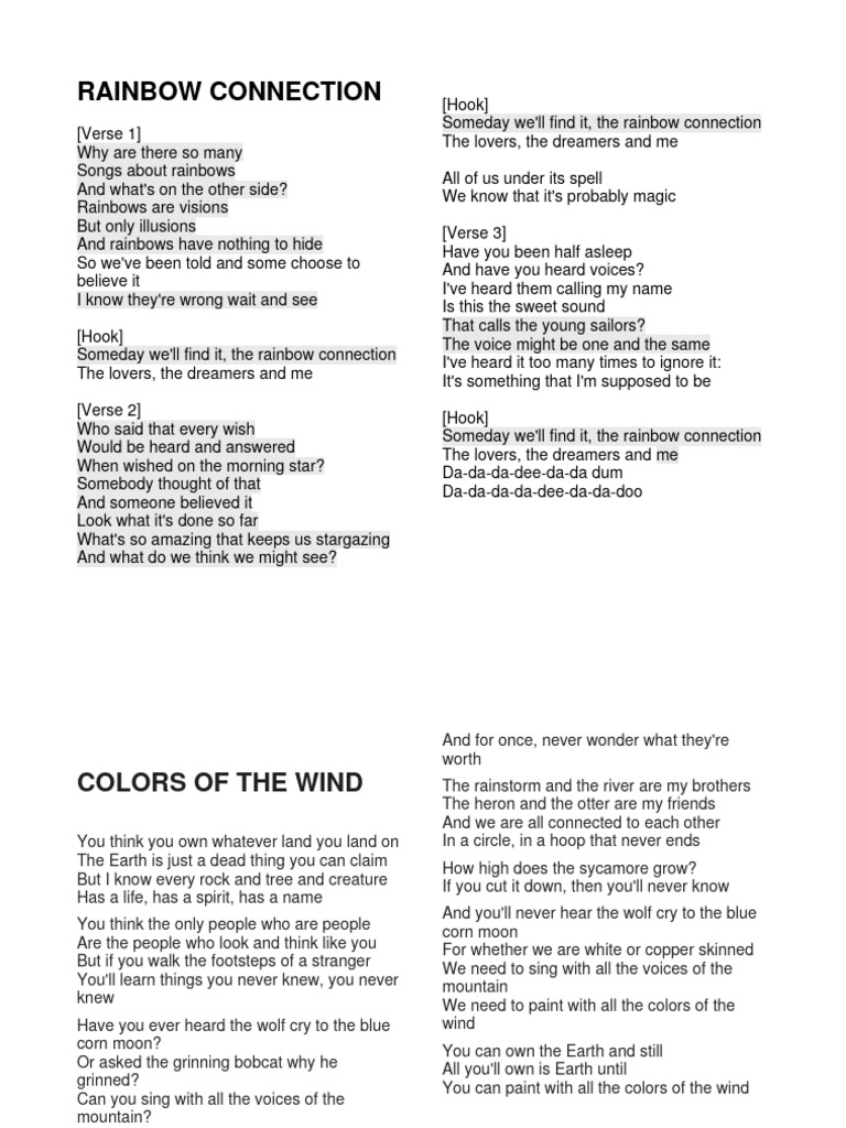 Rainbow Connection Pdf Language Arts Discipline