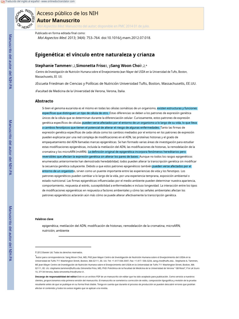 Epigenetics The Link Between Nature And Nurture Biocel En Es Pdf