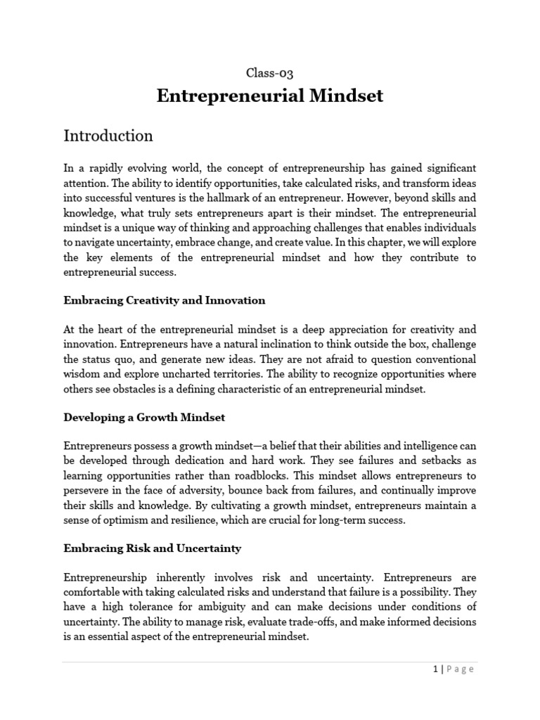 Class 03 E Entrepreneurial Mindset Pdf Entrepreneurship Mindset