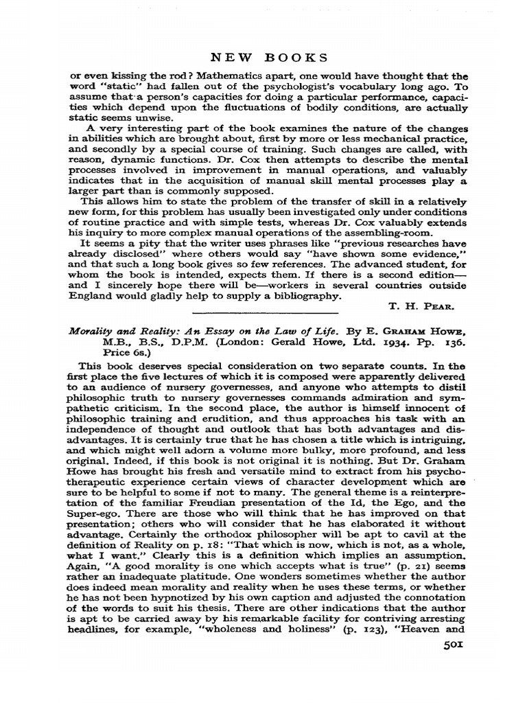 Morality and Reality - An Essay On The Law of Life. by E. Graham Howe ...