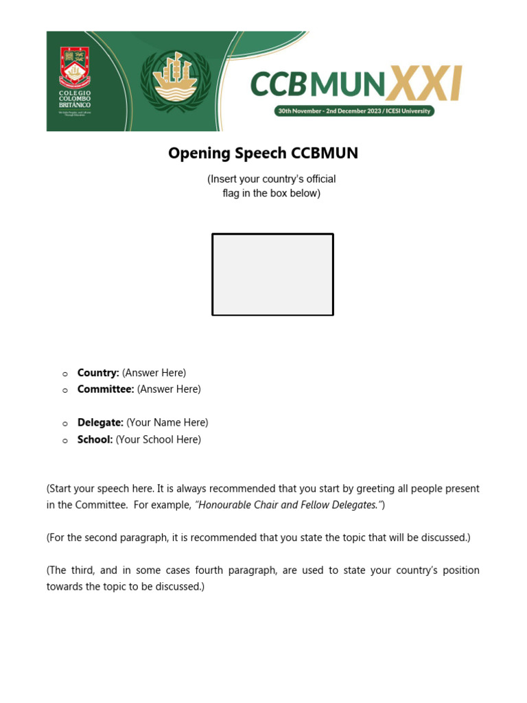 Opening Speech Template Ccbmun Xxi PDF