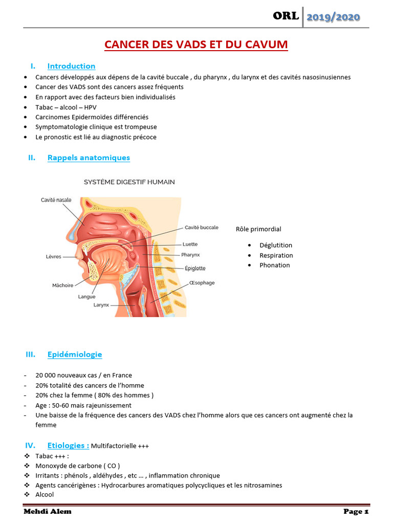 Cancer des VADS : Épidémiologie et Diagnostic | PDF | Spécialités ...