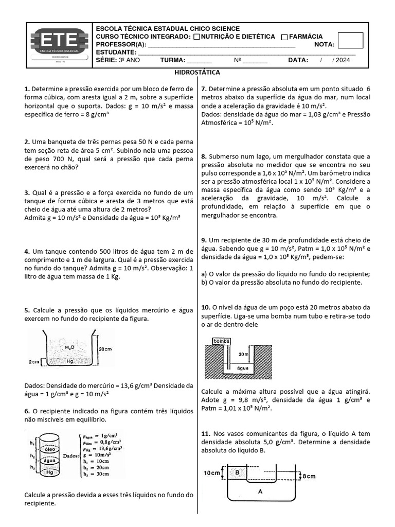 Física - 1° Ano - Hidrostática - 20 Questões | PDF | Pressão | Líquidos
