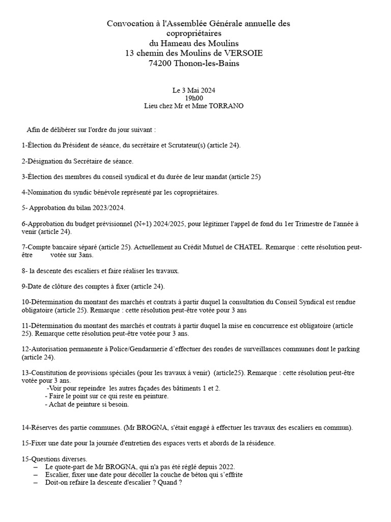 Convocation AG Syndic Bénévole 2024 | PDF