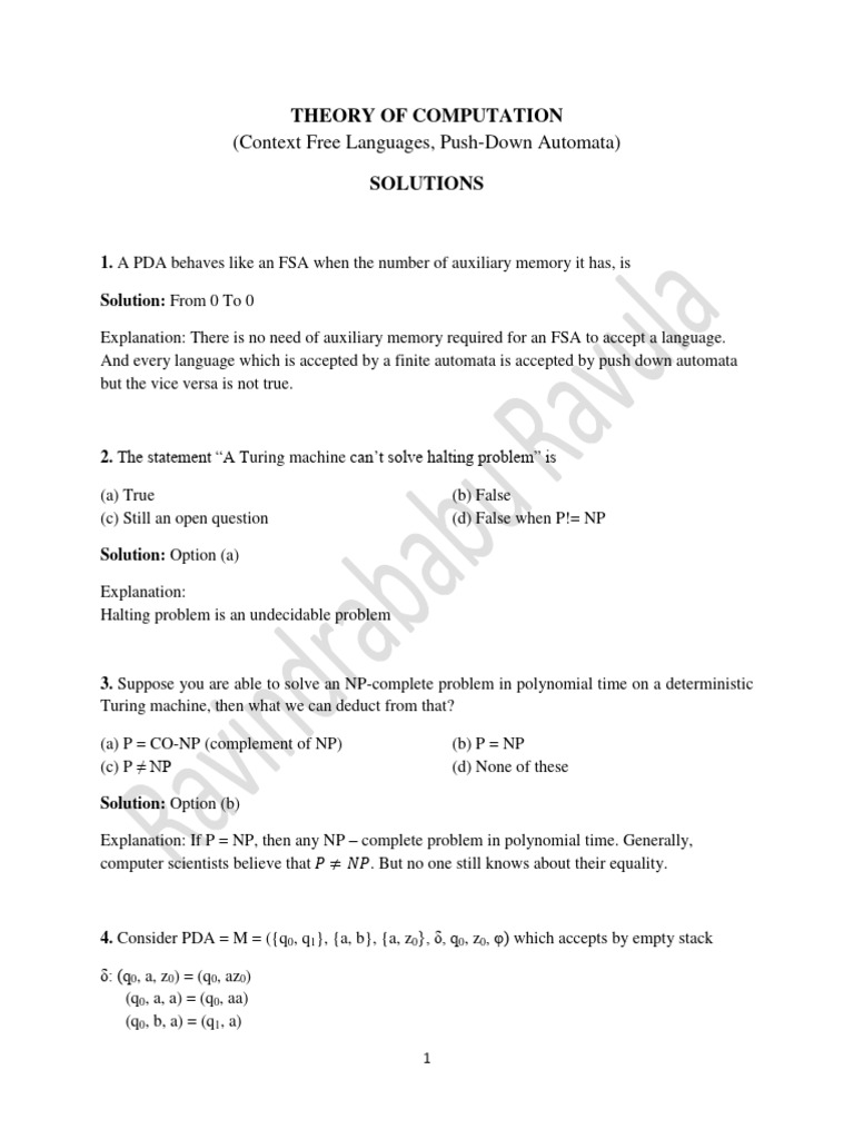 Solutions To Set 14 | PDF | Theory Of Computation | Theoretical ...