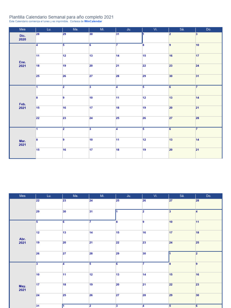 Calendario Semanal Imprimible 2021 | PDF | Calendario | Unidades de medida