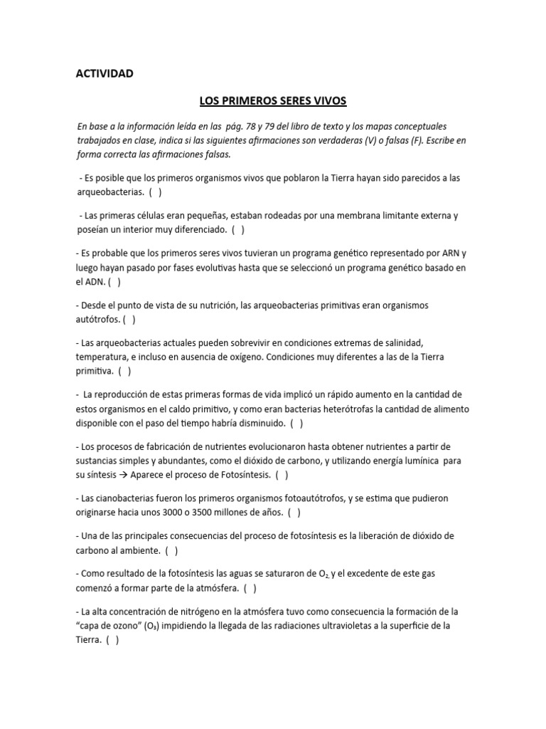 ACTIVIDAD Los Primeros Seres Vivos | Descargar gratis PDF | Organismos ...
