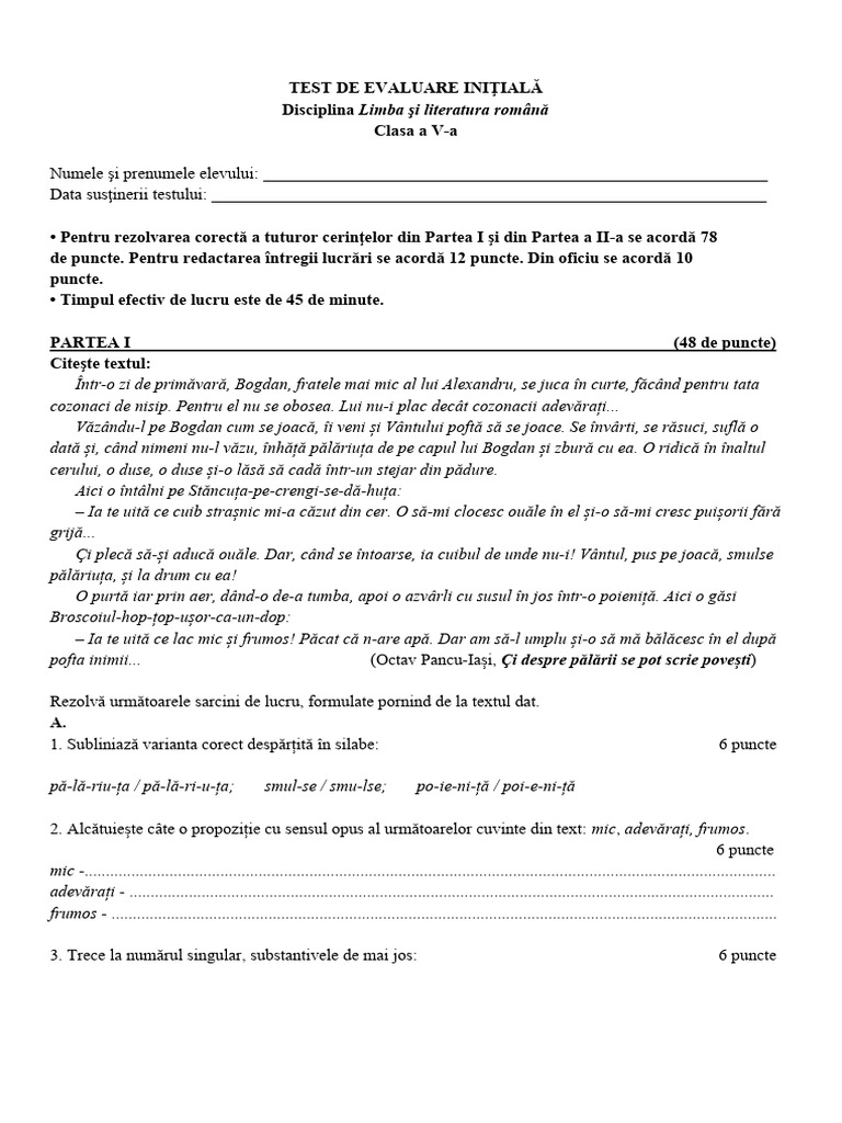 Test Evaluare Initială Cls V | PDF