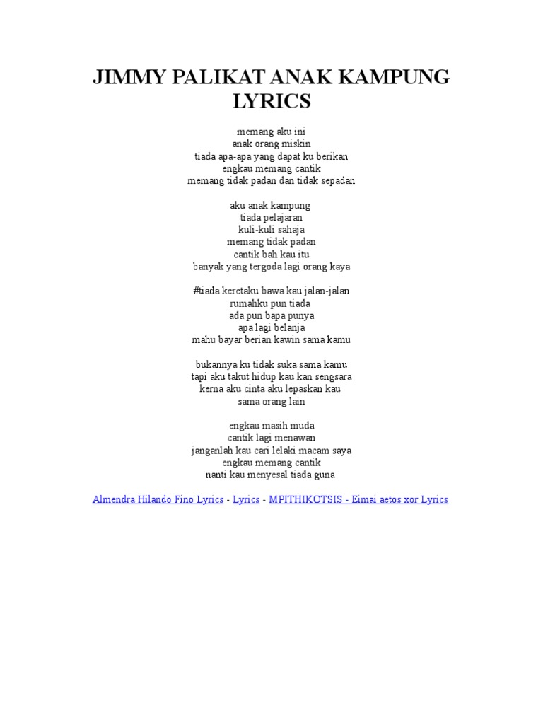 Jimmy Palikat Anak Kampung Lyrics Pdf