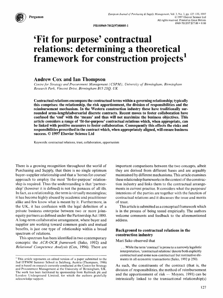 'Fit For Purpose' Contractual Relations: Determining A Theoretical ...