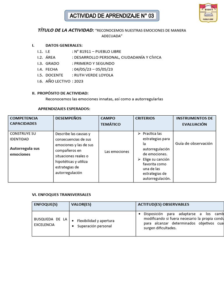Actividad de Aprendizaje - 03 | PDF | Las emociones | Aprendizaje
