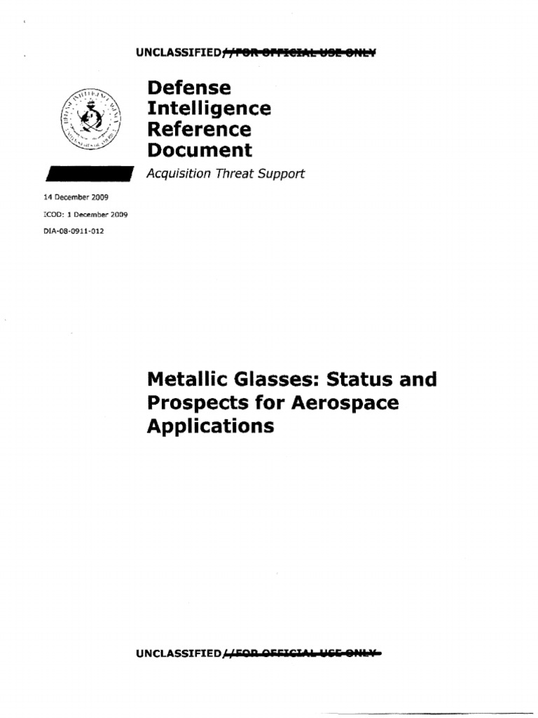 Defense intelligence reference document metallic glasses for aerospace