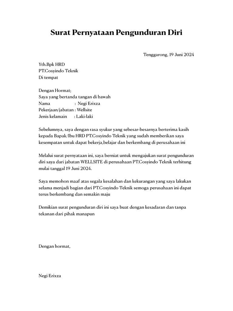Surat Pengunduran Diri Negi Erixza | PDF