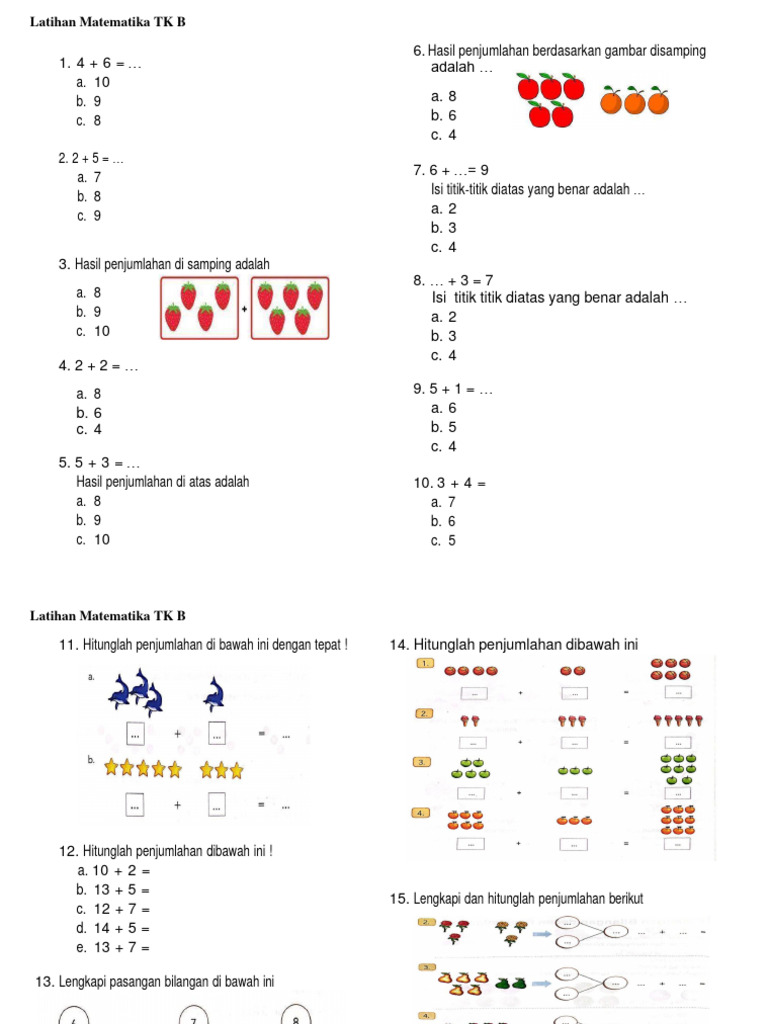 Latihan Penjumlahan Matematika TK B | PDF