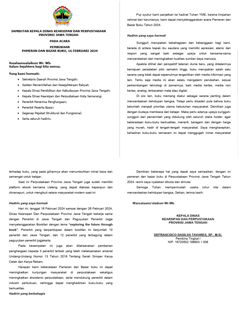 Sambutan Kadis Acara Pameran Buku 2024 Revisi Pdf