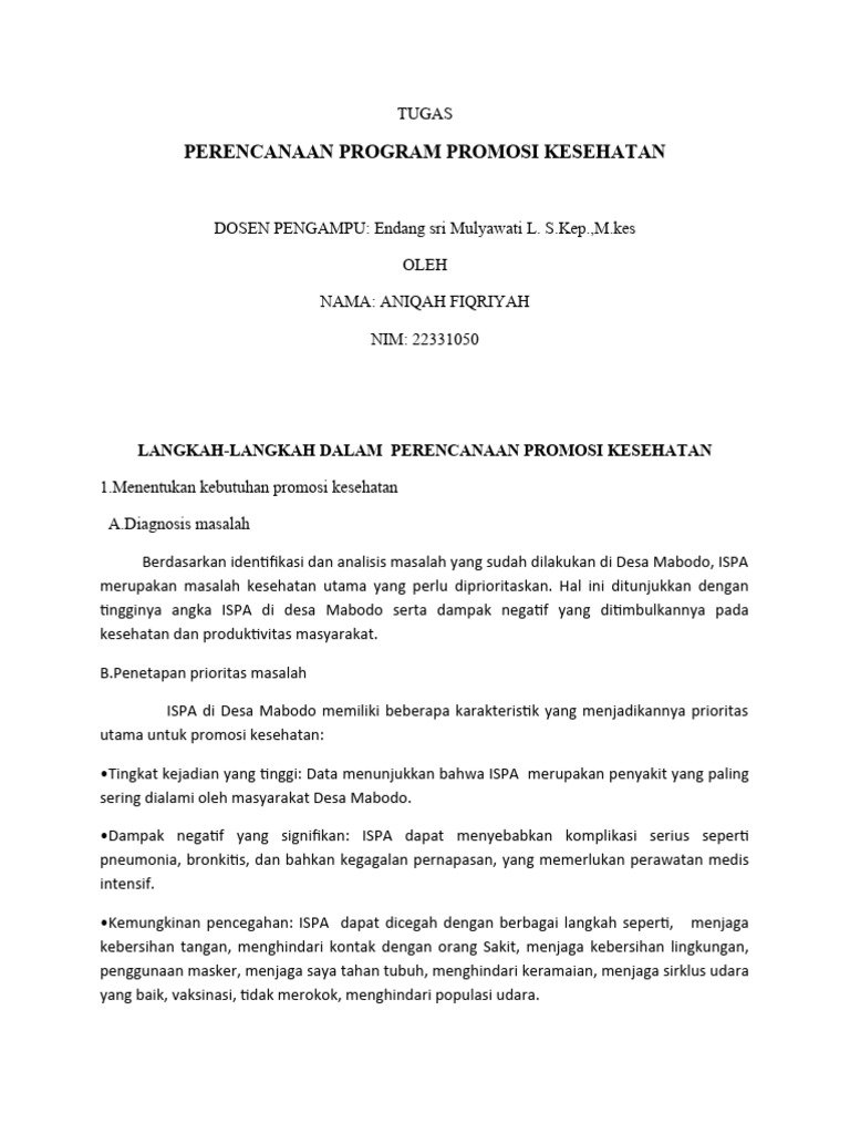 Perencanaan Promosi Kesehatan ISPA Desa Mabodo | PDF | Pengembangan Diri