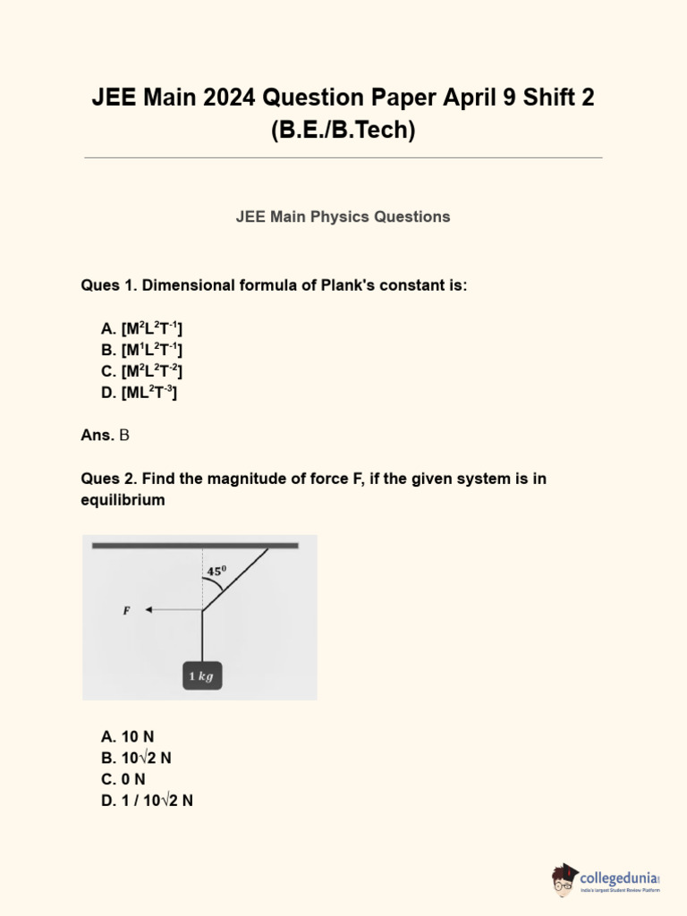 JEE Main 2024 Question Paper April 9 Shift 2 | PDF | Temperature | Force