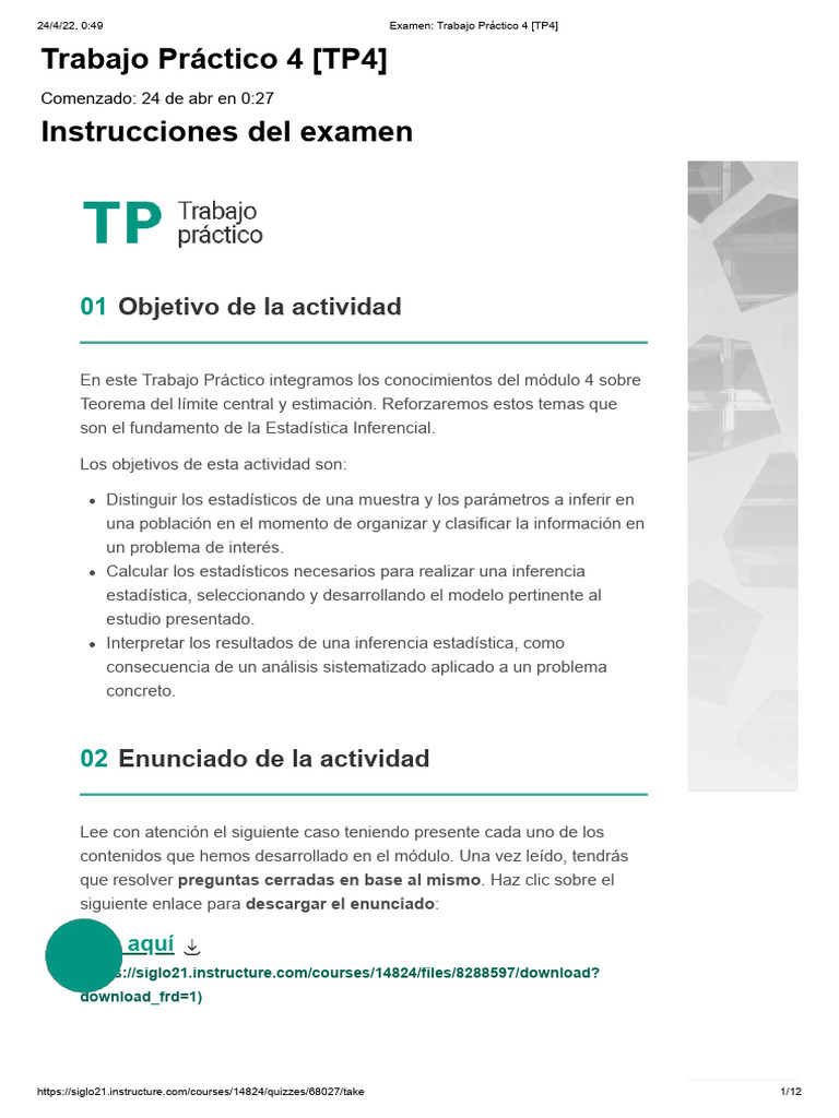 Examen de Estadística Inferencial TP4 | PDF | Intervalo de confianza ...