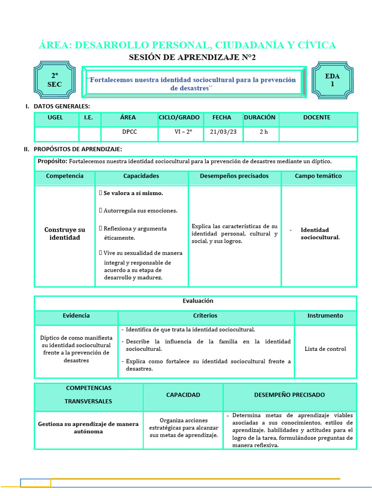 2° Sesión de Aprendizaje Sesión2-Sem.1-Exp.1 - DPCC | PDF | Aprendizaje ...