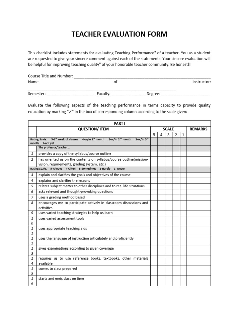 Teacher Performance Evaluation Form | PDF | Teachers | Educational ...