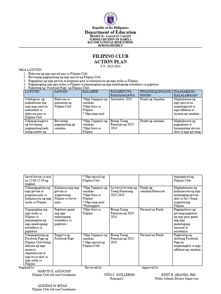 Filipino Club Action Plan 2023-2024 | PDF | Learning