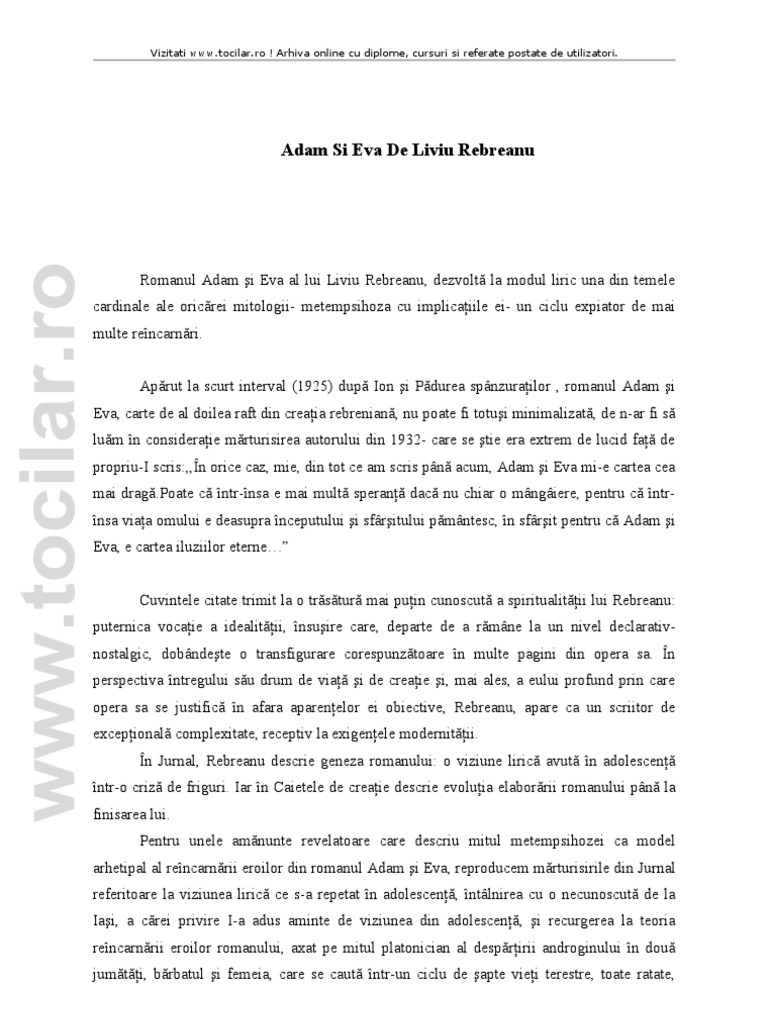 Referat Adam Si Eva De Liviu Rebreanu Pdf