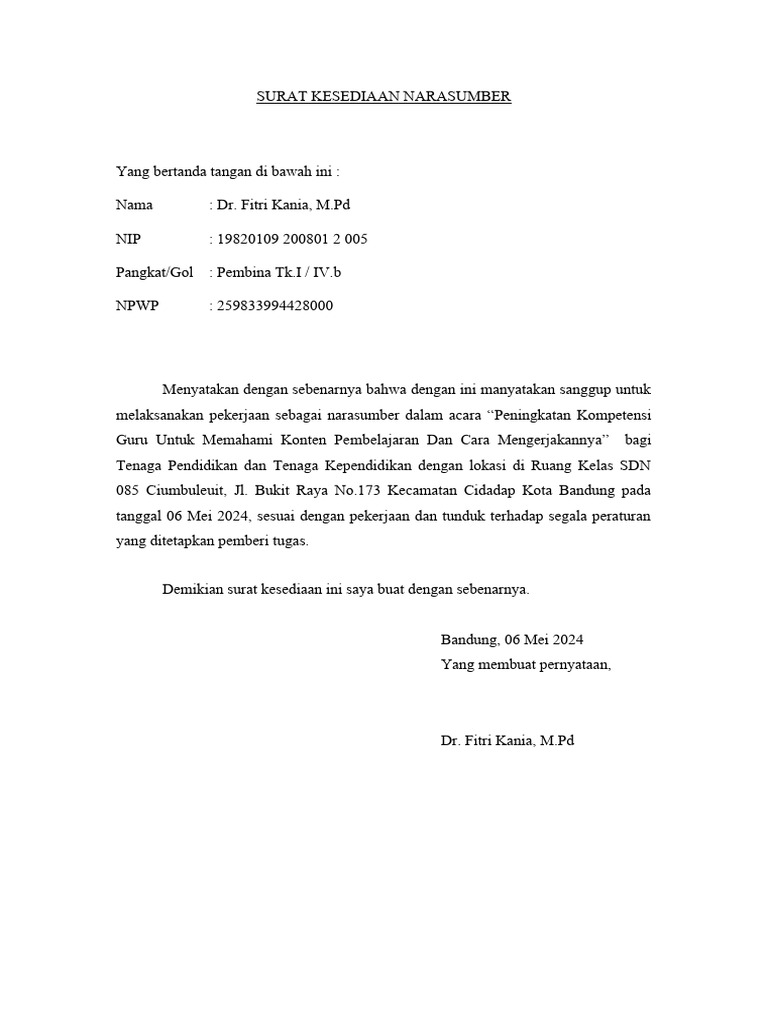 Surat Kesediaan Narasumber | PDF