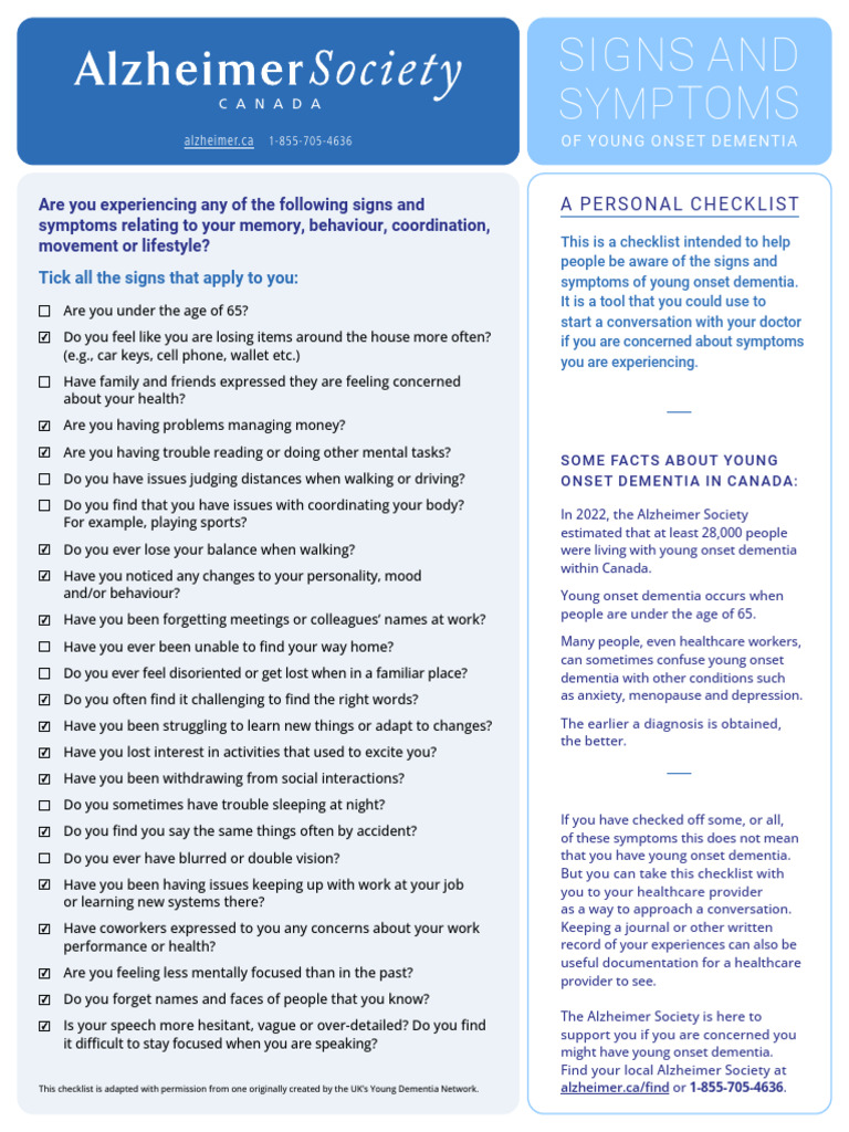 Young Onset Dementia Personal Symptom Checklist | Download Free PDF ...