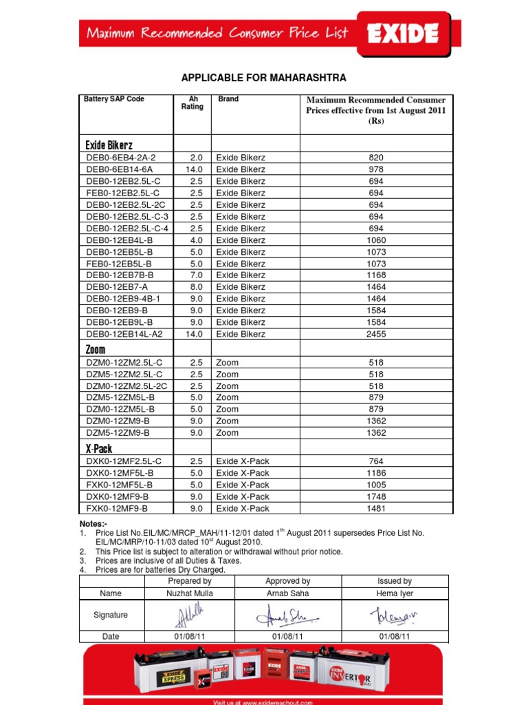 Exide Motorcycle Battery Price List Vehicle Electrification