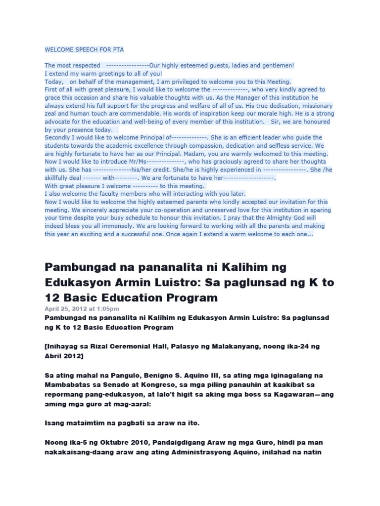 Welcome Speech For Pta Pdf