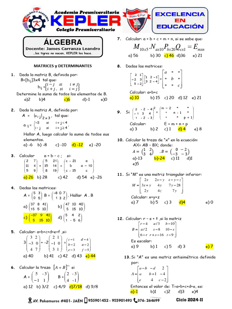 ALGEBRA 11 - MATRICES y DETERMINANTES KEPLER 2024-II Turno Noche 24-06 ...