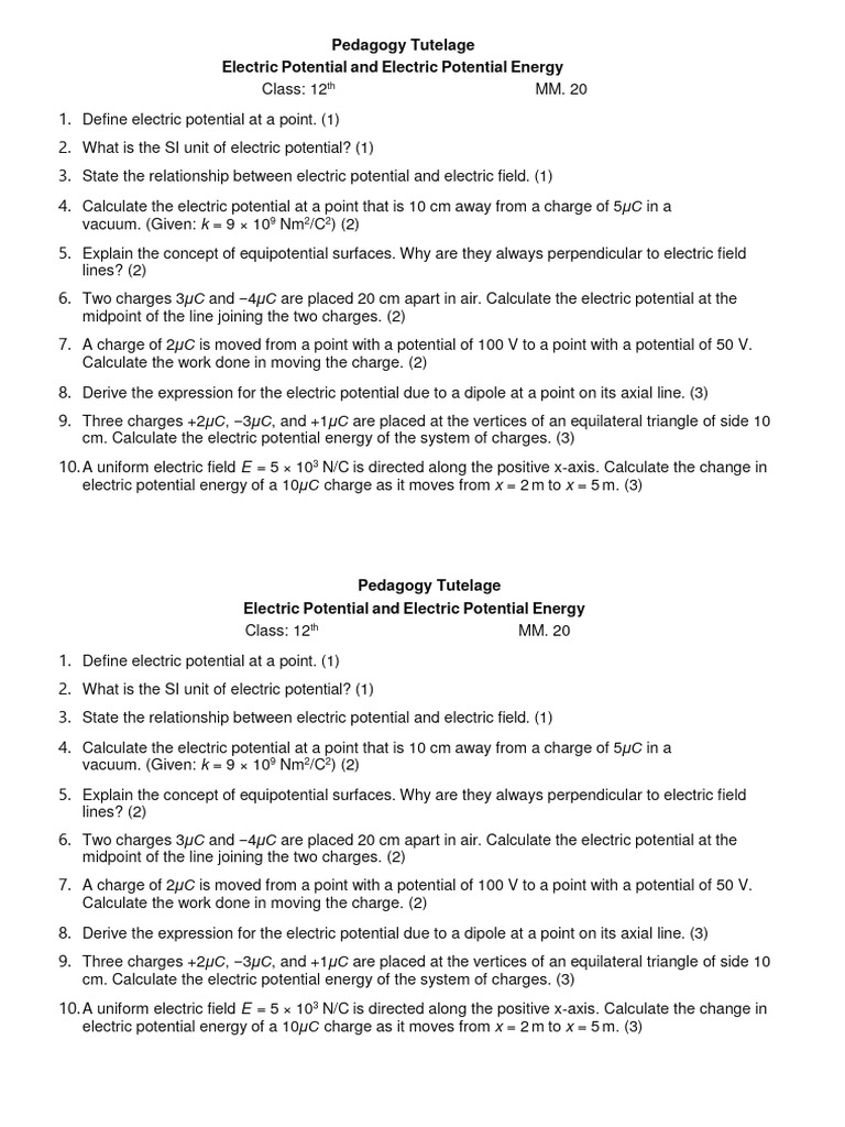 12th ELECTROSTATIC Potential and Cap Test | PDF | Potential Energy ...