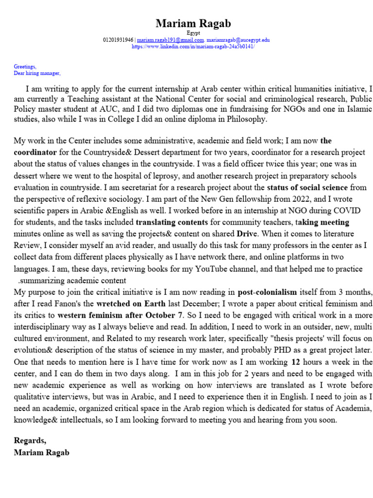 I Am Writing To Apply For The Current Internship at CEDEJ | PDF ...