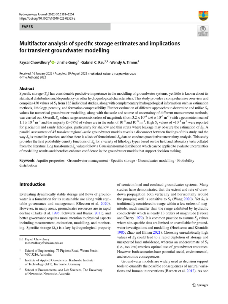 Multifactor Analysis of Specific Storage Estimates and Implications For ...