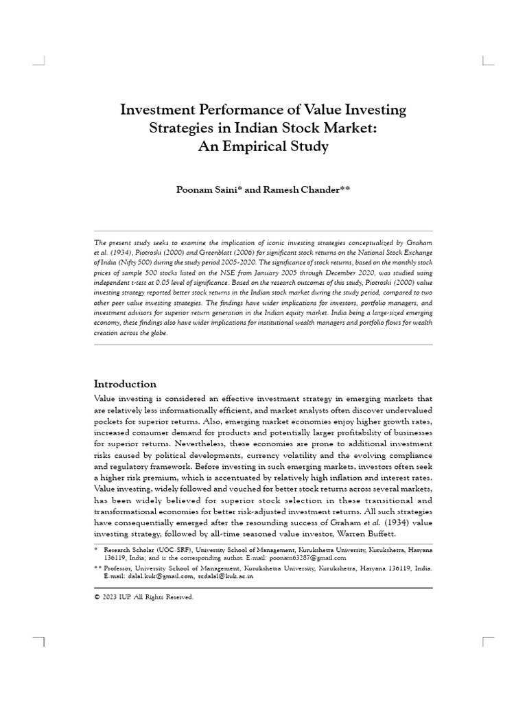 Value Investing Strategies in India | PDF | Value Investing | Investing