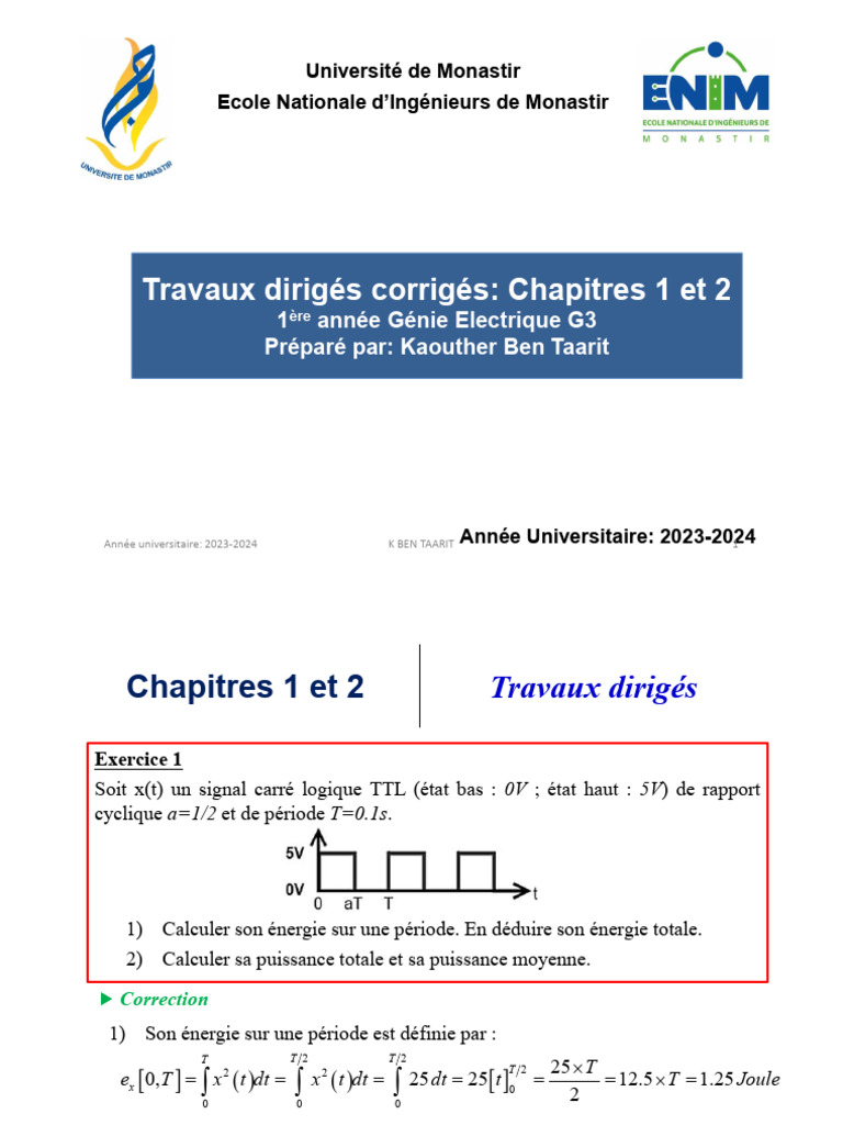 TD Corrigés 1ère Année Génie Elec | PDF | Transformation de Laplace ...