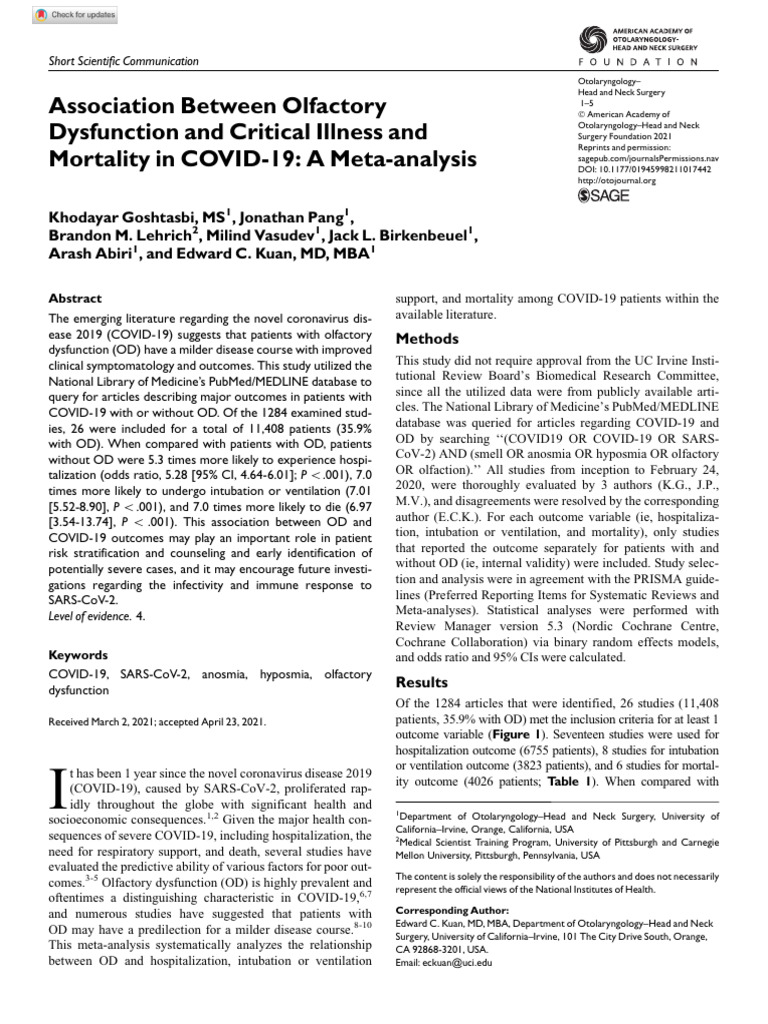 Olfactory Dysfunction and COVID-19 Outcomes | PDF | Olfactory System ...