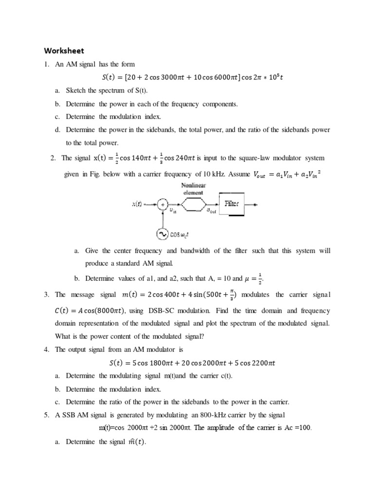 AM and Angle Modulation Analysis Worksheet | PDF | Frequency Modulation ...