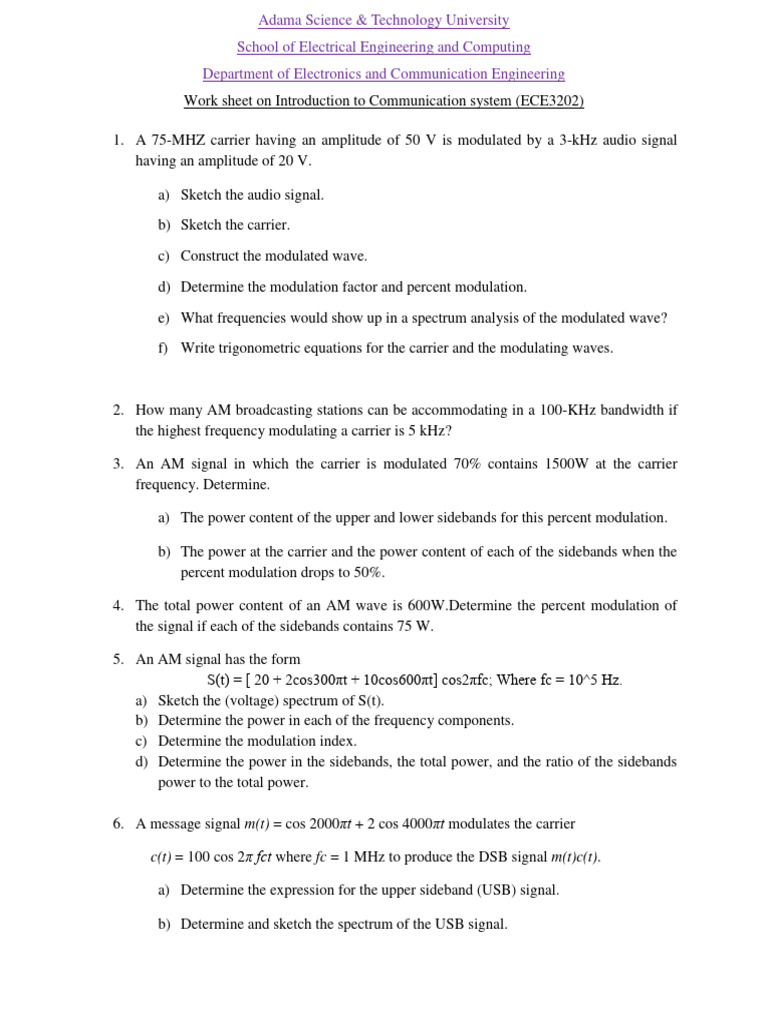 Worksheet #1 | PDF | Frequency Modulation | Electronic Engineering
