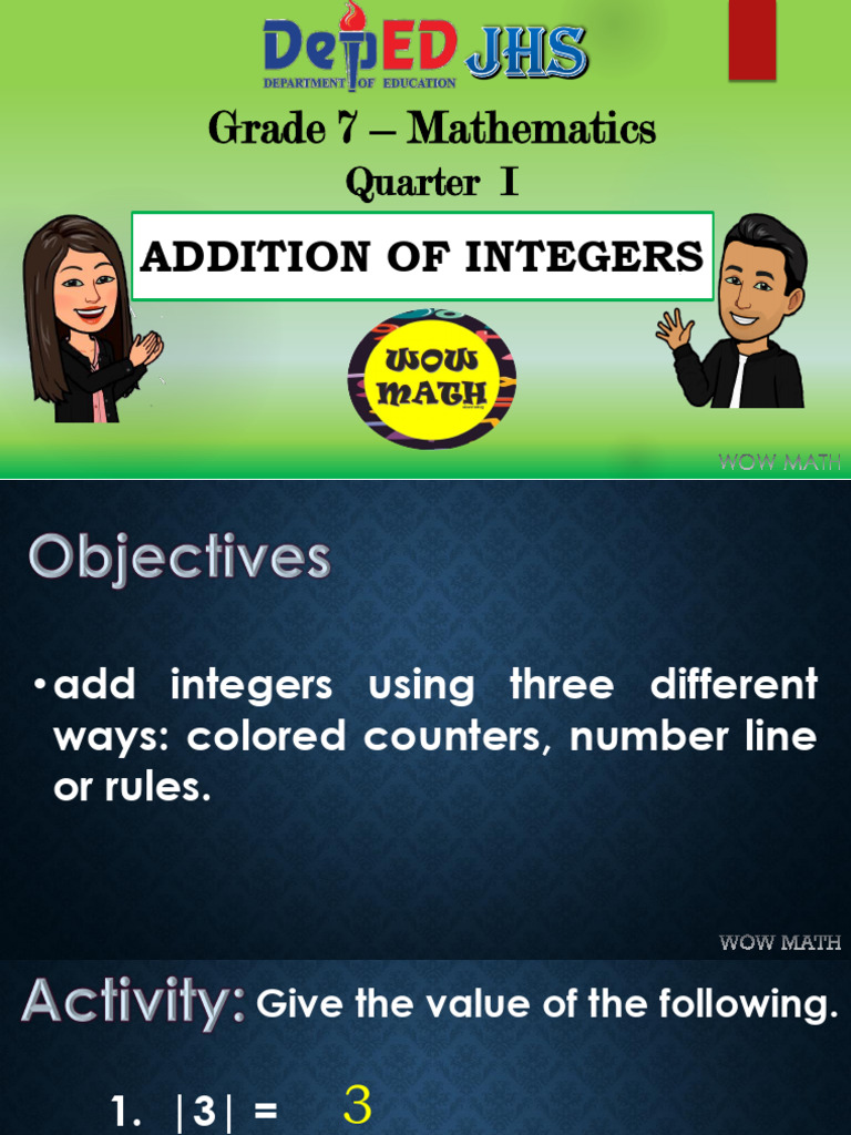 Math 7 - Addition of Integers | PDF | Teaching Methods & Materials