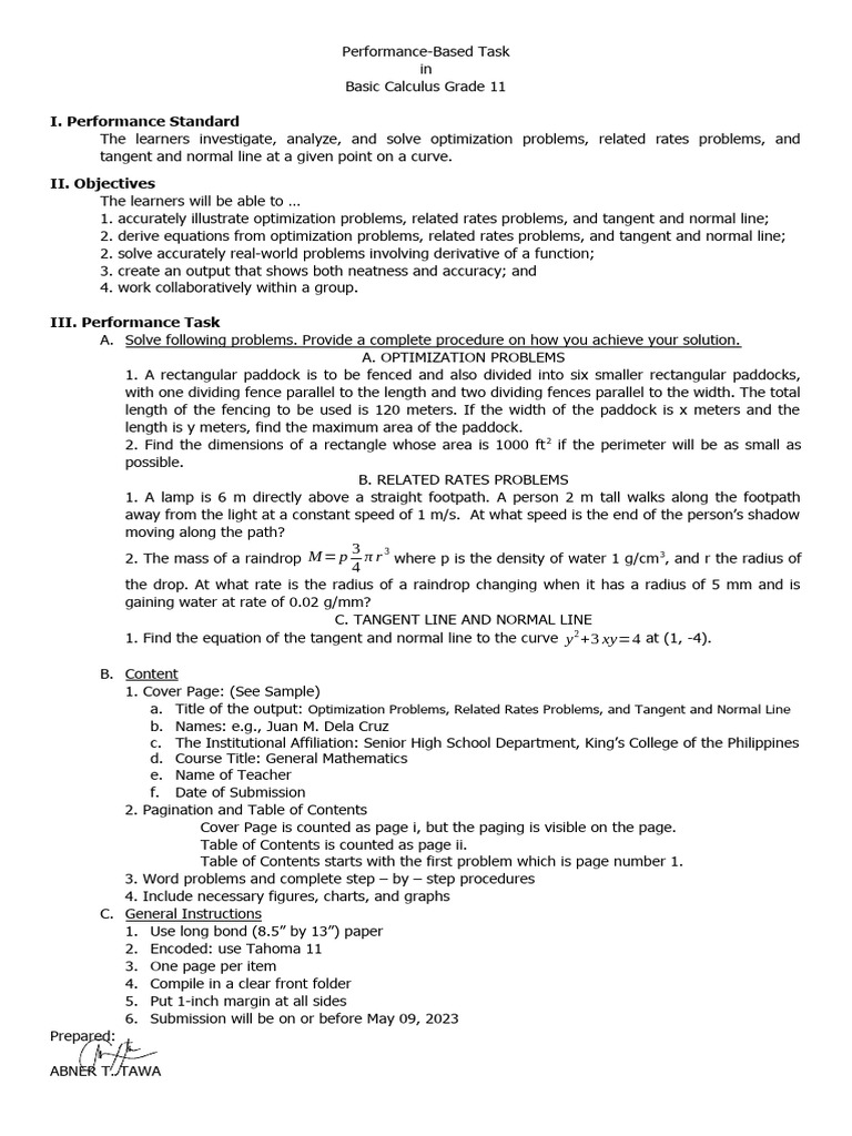 Calculus Performance Task Guide | PDF | Length | Tangent