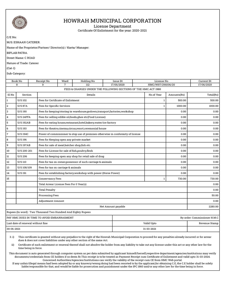 Trade License Fees and Certificate Details | PDF | Taxes | Receipt
