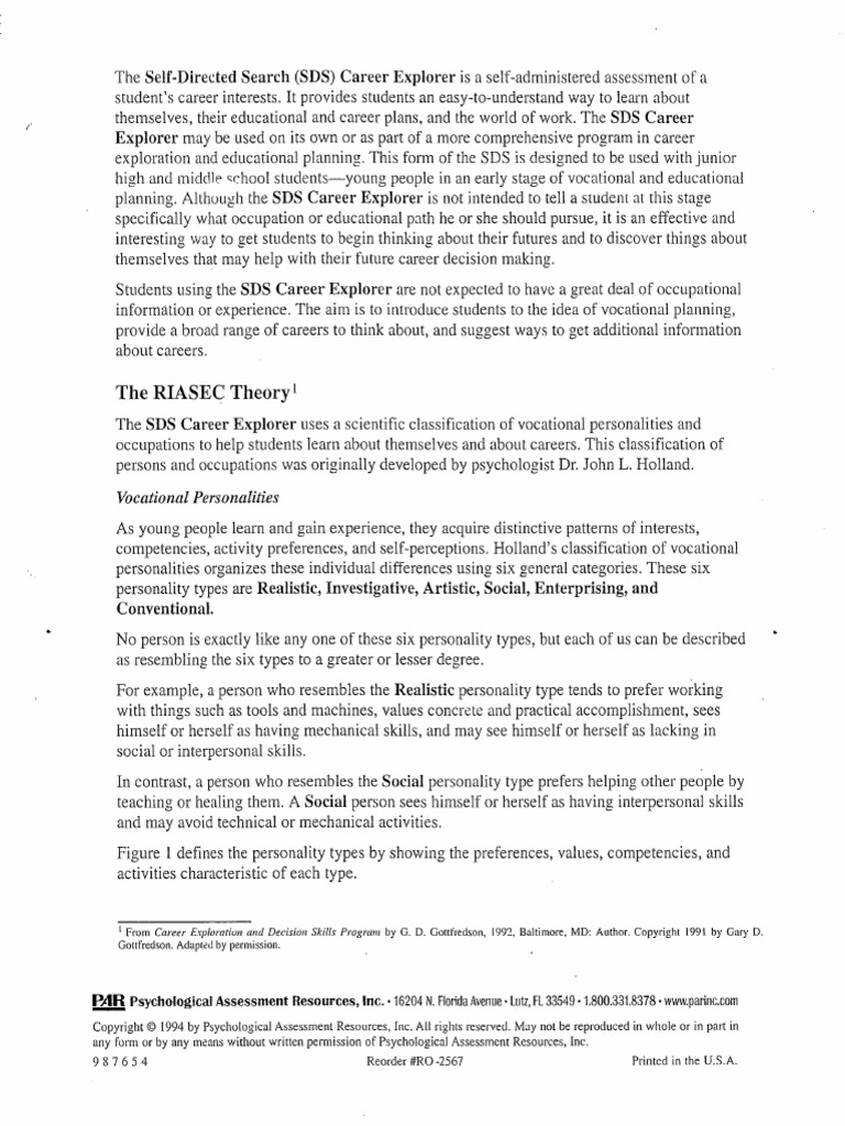 SDS Career Explorer Download Free PDF Psychology Behavioural Sciences