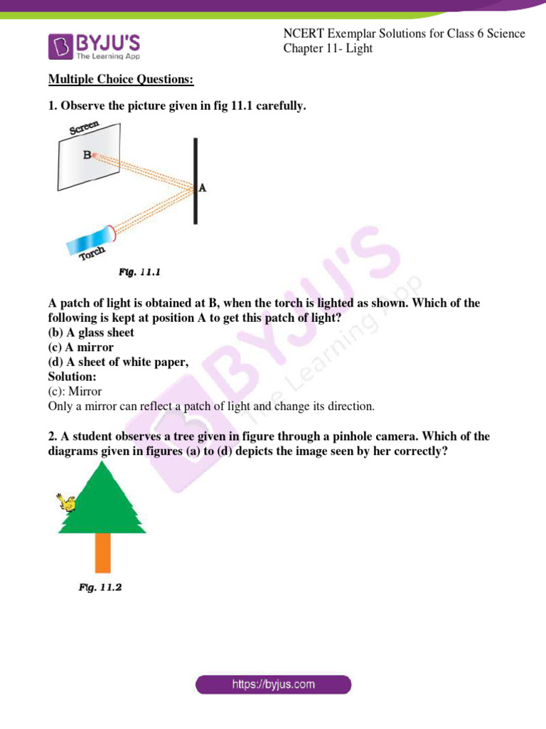 NCERT Class 6 Science: Light Solutions | PDF | Shadow | Light