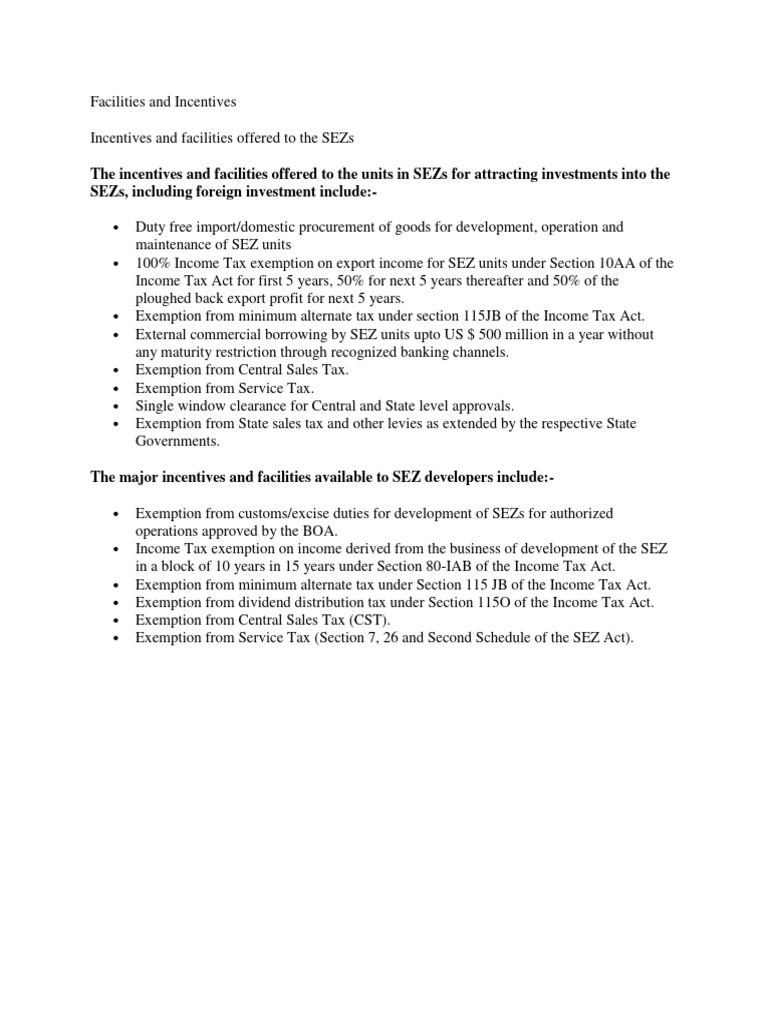 SEZ Incentives and Facilities Overview | PDF